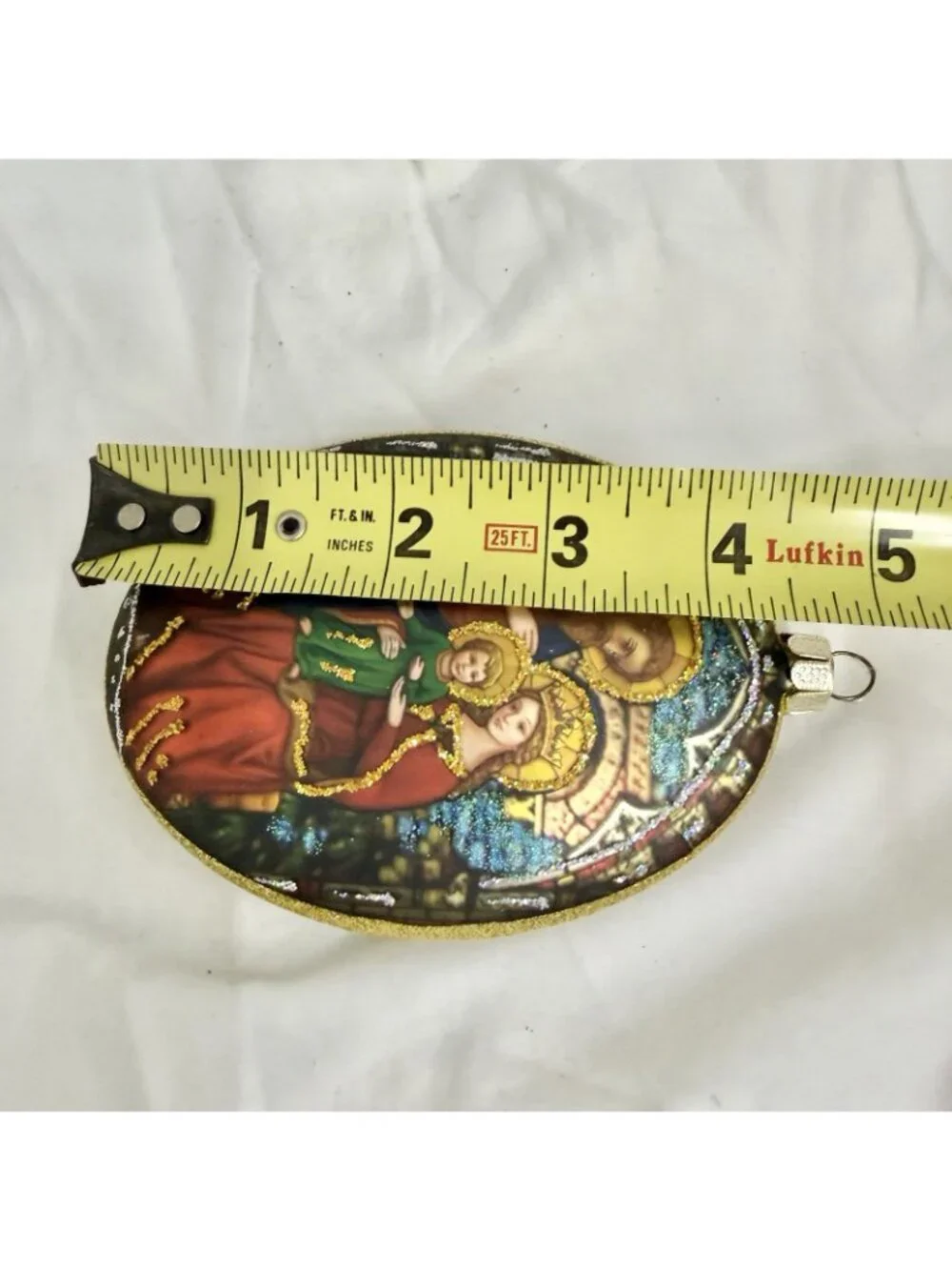 Vintage Holy Family Blown Glass Christmas Ornament Blue Gold Glitter 4”